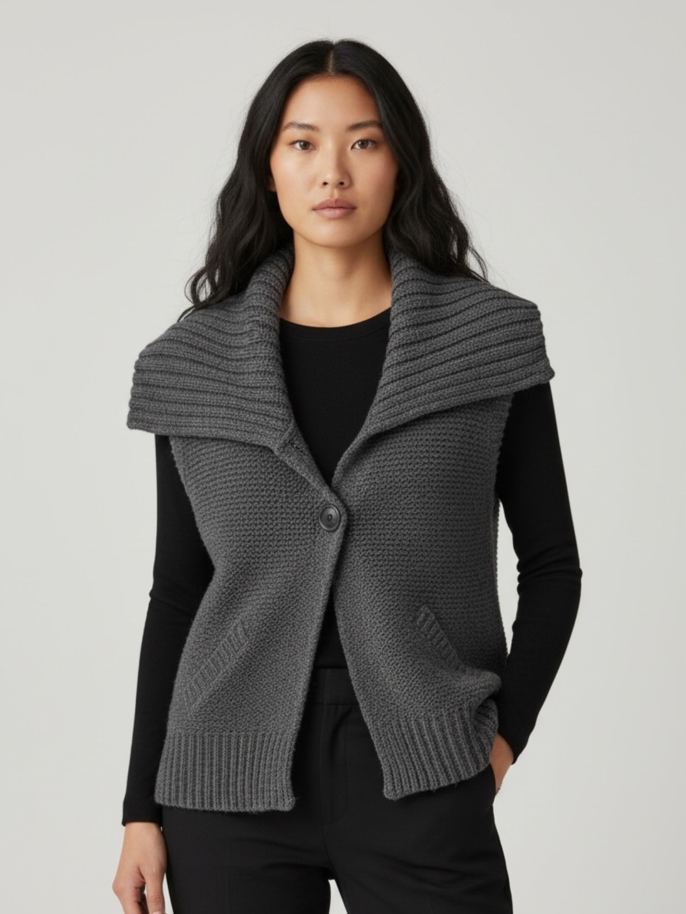 BCBG Charcoal Gray Sleeveless Knit Cardigan Wide Collar